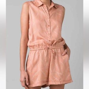 Prana Weekend Escape Tencel Sleeveless Leaf Print Romper Peach Womens Size M